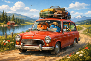 Fiskar som åker på utflykt i en bil, AI-genererad.